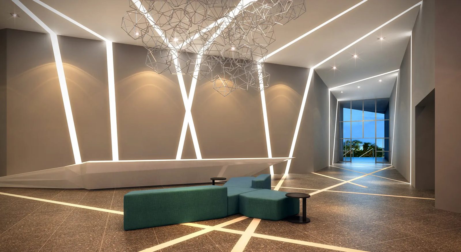Lobby do edifício com iluminação em linhas de LED e luminária geométrica